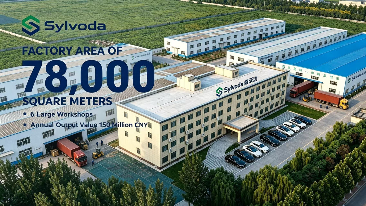 Aerial view of a large industrial factory complex with multiple white and blue-roofed buildings, parking areas with cars, and green landscaping. Large overlaid text reads 'Sylvoda' and 'Factory Area of 78,000 Square Meters' with additional factory specifications.